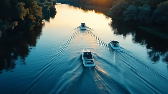 A serene river scene with a boat gliding through lush greenery. ai generative