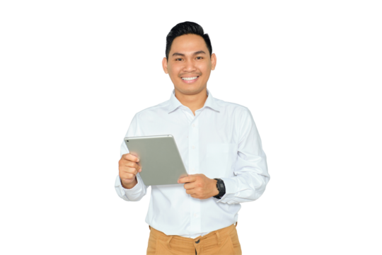 Portrait of happy young Asian man in formal wear holding digital tablet and looking at camera with smiling face isolated on transparent background