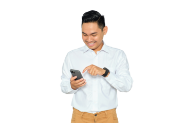 Portrait of happy young Asian man in formal wear using mobile phone for texting message or checking social media isolated on transparent background