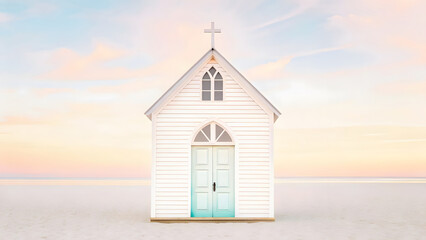 Minimal White Beach Chapel at Sunrise Sky