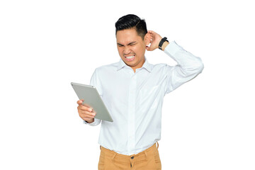 Worried young Asian man in formal wear using digital tablet and scratching his head with confused expression isolated on transparent background