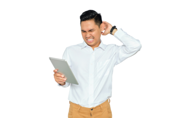Worried young Asian man in formal wear using digital tablet and scratching his head with confused expression isolated on transparent background