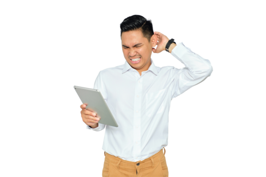 Worried young Asian man in formal wear using digital tablet and scratching his head with confused expression isolated on transparent background - Powered by Adobe