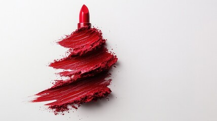 Red lipstick forming elegant christmas tree silhouette on white backdrop, highlighting seasonal makeup artistry
