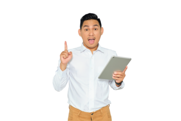 Portrait of excited young Asian man in formal wear pointing finger up getting idea after reading article on tablet isolated on transparent background