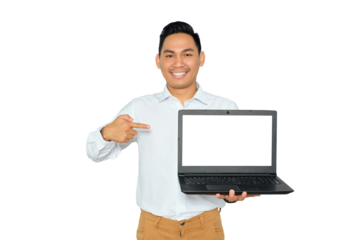 Mockup for advertising. Happy young Asian man in formal wear pointing fingers at laptop with blank screen isolated on transparent background