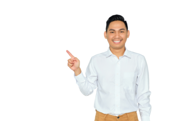 Portrait of smiling young Asian man in formal wear pointing fingers aside at copy space, presents something isolated on transparent background