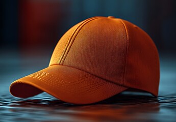 Bright Orange Baseball Cap on Glossy Surface with Warm Lighting

