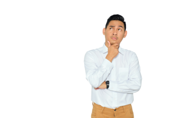 Portrait of pensive young Asian man in formal wear looking up with hand on chin, thinking and making decision isolated on transparent background