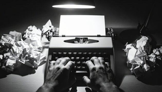 Black and white photo of hands typing on vintage typewriter under lamp light, surrounded by crumpled paper, concept of writer’s block and creative struggle