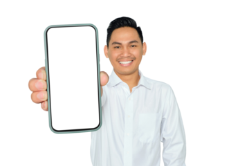 Mockup, Mobile App concept. Happy young Asian man in formal wear showing mobile phone with white blank screen for advertisement isolated on transparent background