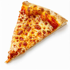 Delicious slice of pizza, featuring melted cheese and tomato sauce on a golden crust, isolated on a white background