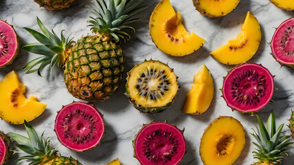 Flatlay of fresh tropical fruit slices on marble background in vivid light