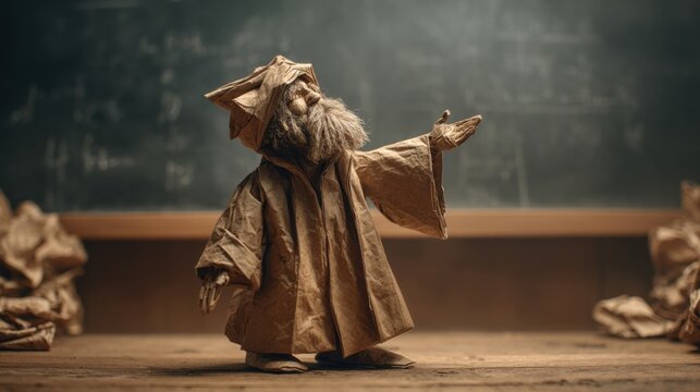 A paper figure of a man in a robe stands in front of a chalkboard. The chalkboard is covered in paper, and the figure is holding a chalk in his hand. The scene seems to be a classroom setting