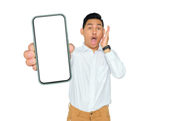 Mockup, Mobile App concept. Shocked young Asian man in formal wear showing mobile phone with blank white screen isolated on transparent background
