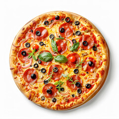 Delicious pepperoni pizza with olives, onions, and basil on a wooden board above on a white background.
