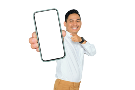 Mockup, Mobile Application concept. Happy young Asian man in formal wear pointing at mobile phone with blank white screen isolated on transparent background
