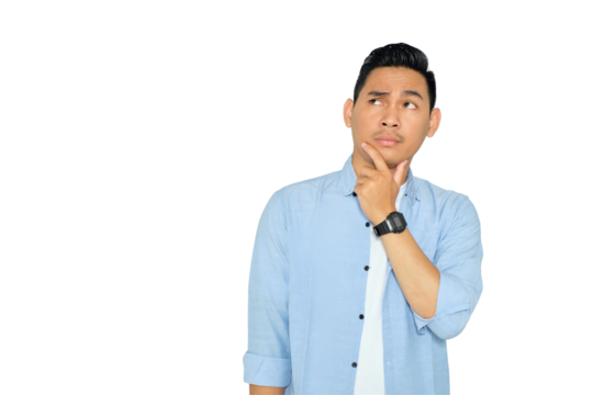 Portrait of pensive young Asian man in casual clothes looking up with hand on chin, thinking and making decision isolated on transparent background