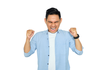 Portrait of angry young Asian man in casual clothes raising hands and screaming with aggressive expression isolated on transparent background