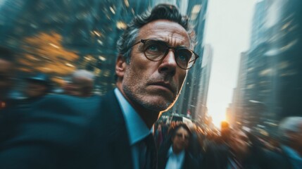 A man in a suit is looking at the camera in a busy city street. The scene is blurry and chaotic, with many people walking around. The man's expression is serious and focused