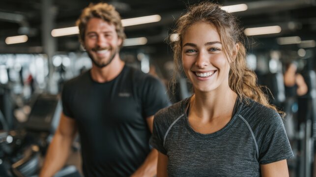 A man and a woman are smiling at the camera in a gym. The man is wearing a black shirt and the woman is wearing a gray shirt. They seem to be enjoying their time together at the gym