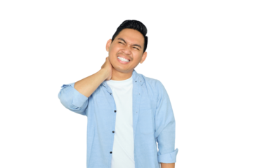 Tired young Asian man in casual clothes having neck pain, suffering from discomfort long hours of sedentary isolated on transparent background