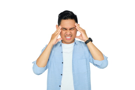 Tired young Asian man in casual clothes suffering from headache or migraine, massaging temples with closed eyes isolated on transparent background