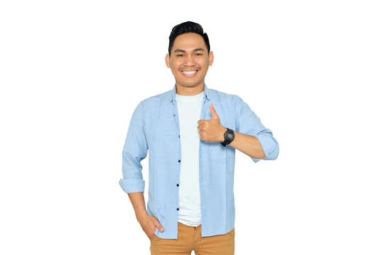 Portrait of happy young Asian man in casual clothes gesturing thumbs up, looking at camera with smile isolated on transparent background