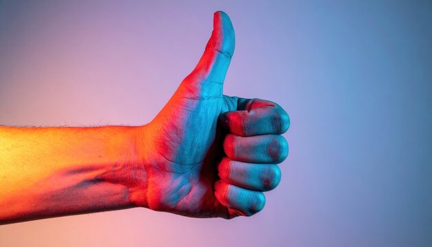 Thumbs up hand gesture with red and blue neon lighting on gradient background, symbol of approval, positivity, and social media engagement