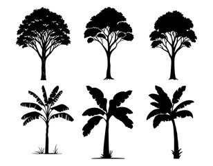 Silhouettes of various trees on a white background