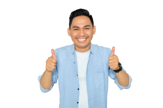 Portrait of happy young Asian man in casual clothes gesturing thumbs up, looking at camera with smile isolated on transparent background - Powered by Adobe