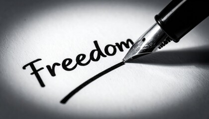 Close-up of fountain pen writing the word Freedom in black ink on paper, symbolic concept of expression, independence, and civil liberties