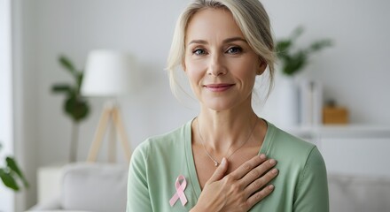 Fototapeta premium Smiling woman with pink ribbon for breast cancer awareness