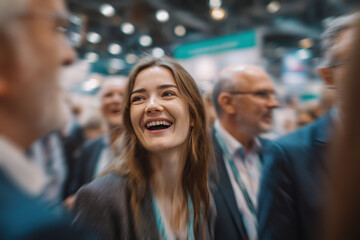Obraz premium In a business networking event, professionals celebrate a successful connection. The atmosphere underscores the event’s focus on building strong business relationships.