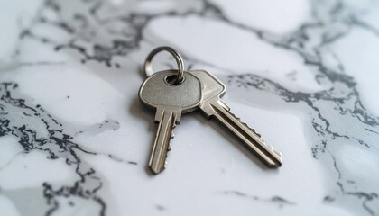 Two metal keys on keyring placed on white marble surface, symbolic concept of security, access, homeownership, and real estate