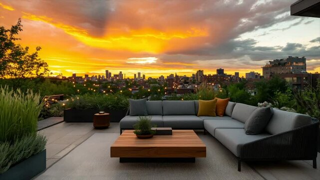 Rooftop sunset view with sectional sofa, coffee table, and planters