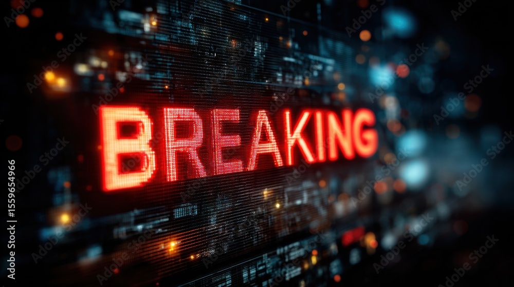 Fototapete a computer screen with the word breaking in red letters. the image has a futuristic, high-tech look 