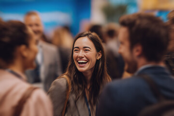 Fototapeta premium In a business networking event, professionals celebrate a successful connection. The atmosphere underscores the event’s focus on building strong business relationships.