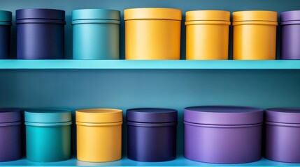 Colorful cylindrical containers on teal shelves.