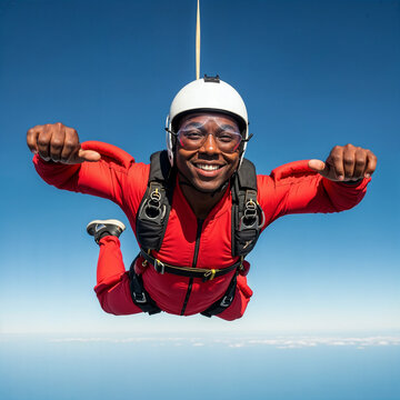 Joyful man in red jumpsuit skydiving with arms outstretched and thumbs up