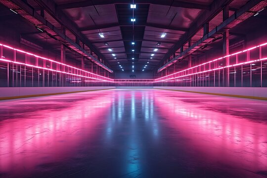 Empty ice rink interior with pink and blue neon lights reflecting on the smooth ice surface
