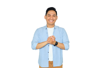 Portrait of happy Asian young man in casual clothes holding hands and looking at camera with confident smile isolated on transparent background