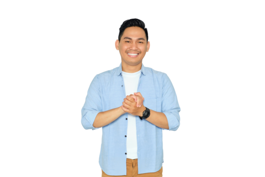 Portrait of happy Asian young man in casual clothes holding hands and looking at camera with confident smile isolated on transparent background