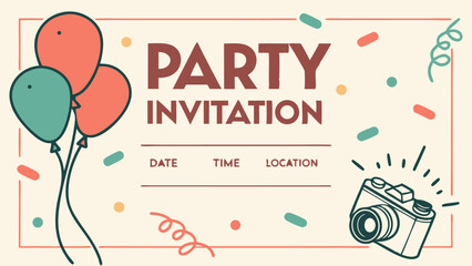 Festive party invitation with balloons confetti and camera graphic for announcing celebrations and special events with space for details