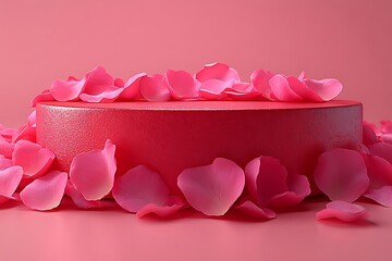 Round Pink Box with Rose Petals on Matching Pink Background

