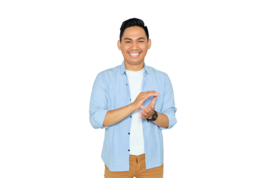 Smiling young Asian man in casual clothes clapping hands and congratulating with applause isolated on transparent background