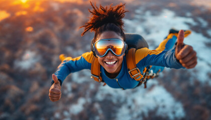 Joyful woman skydiving with thumbs up during sunset adventure