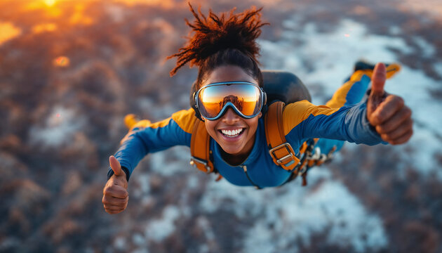 Joyful woman skydiving with thumbs up during sunset adventure