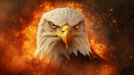 Fierce bald eagle portrait engulfed in flames, intense gaze, dark background.