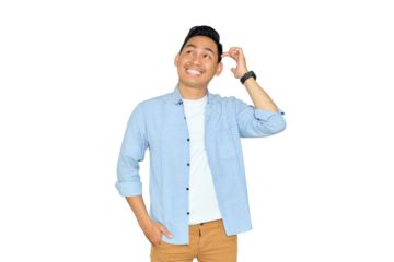 Confused young Asian man in casual clothes scratching his head, having doubts, trying to make right decision isolated on transparent background